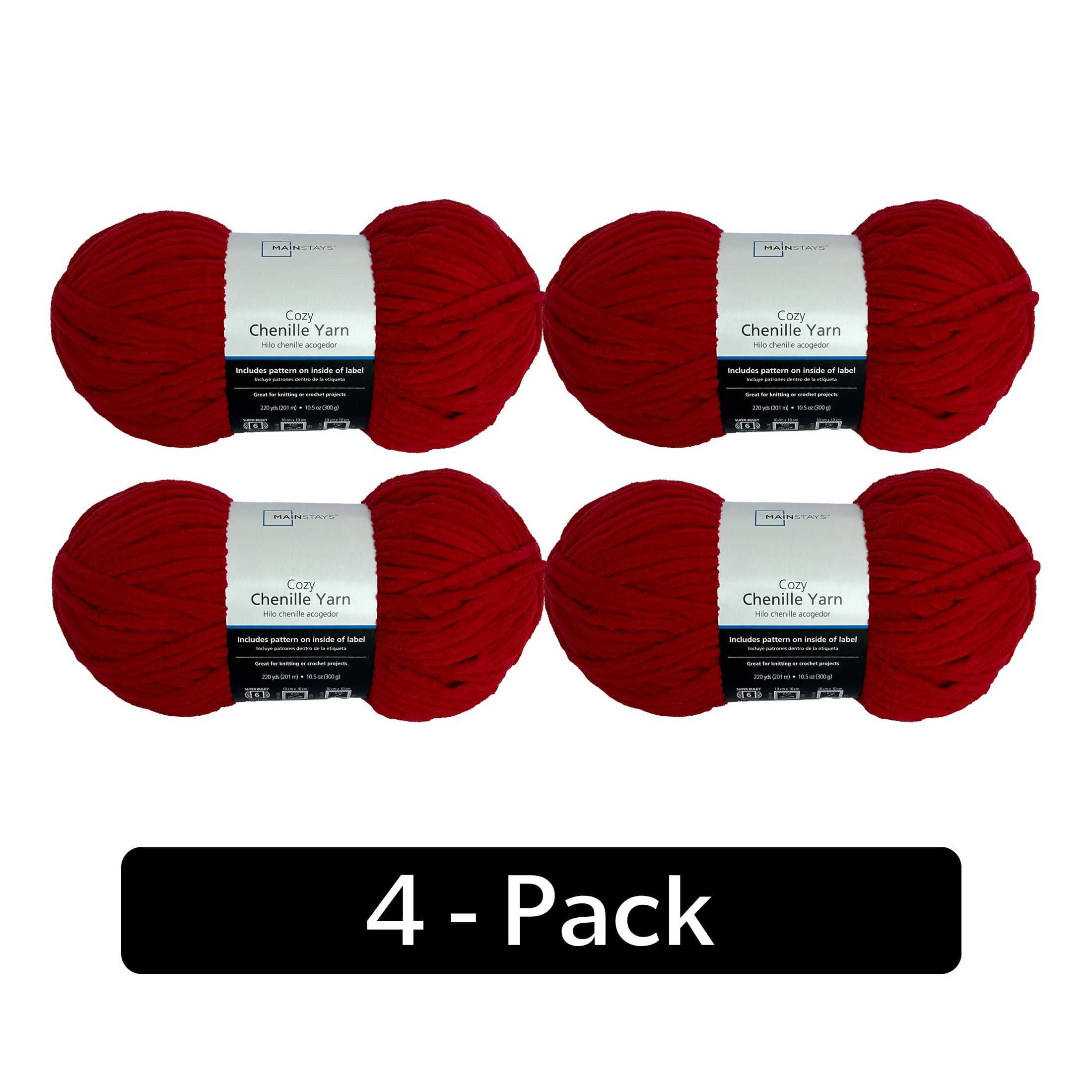Mainstays Cozy Chenille, Bulky, 100% Polyester, Yarn, Crimson, 220 yd, Pack of 4