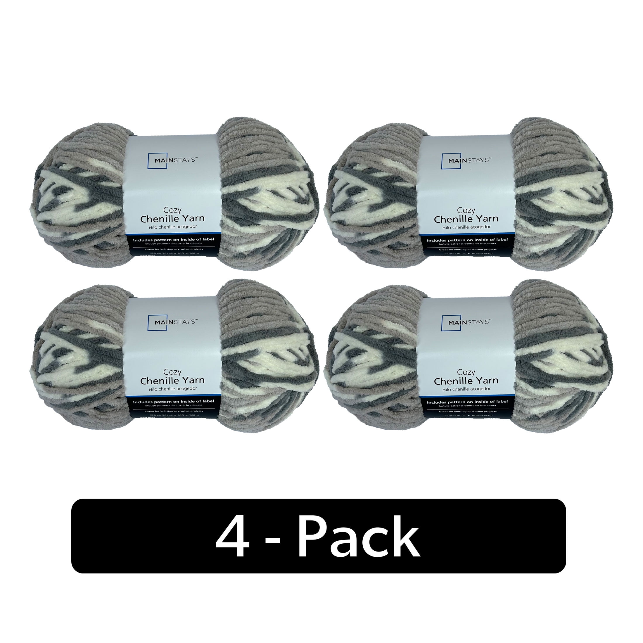 Mainstays Cozy Chenille, Bulky, 100% Polyester, Yarn, Multi-Neutral, 220 yd, Pack of 4