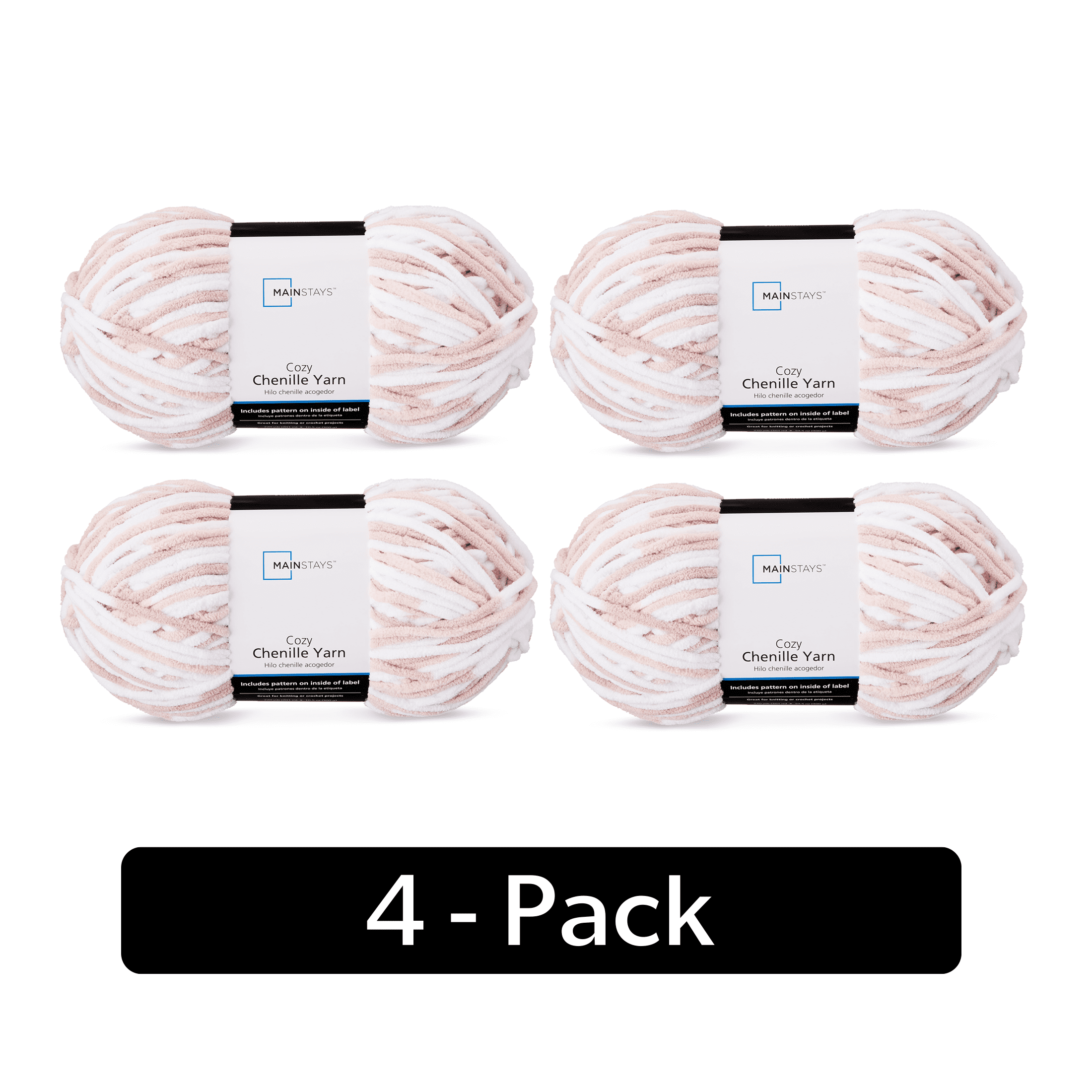 Mainstays Cozy Chenille Yarn, 220 yd, Pink Sands Multi, 100% Polyester, Bulky, Pack of 4