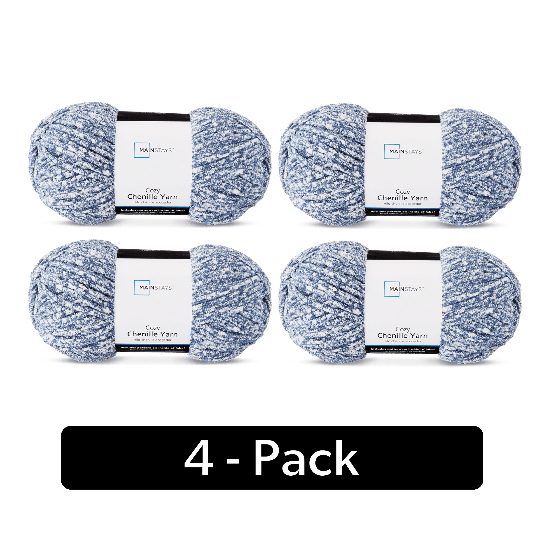 Mainstays Cozy Chenille Yarn, 220 yd, Speckled Sky Heather, 100% Polyester, Bulky, Pack of 4