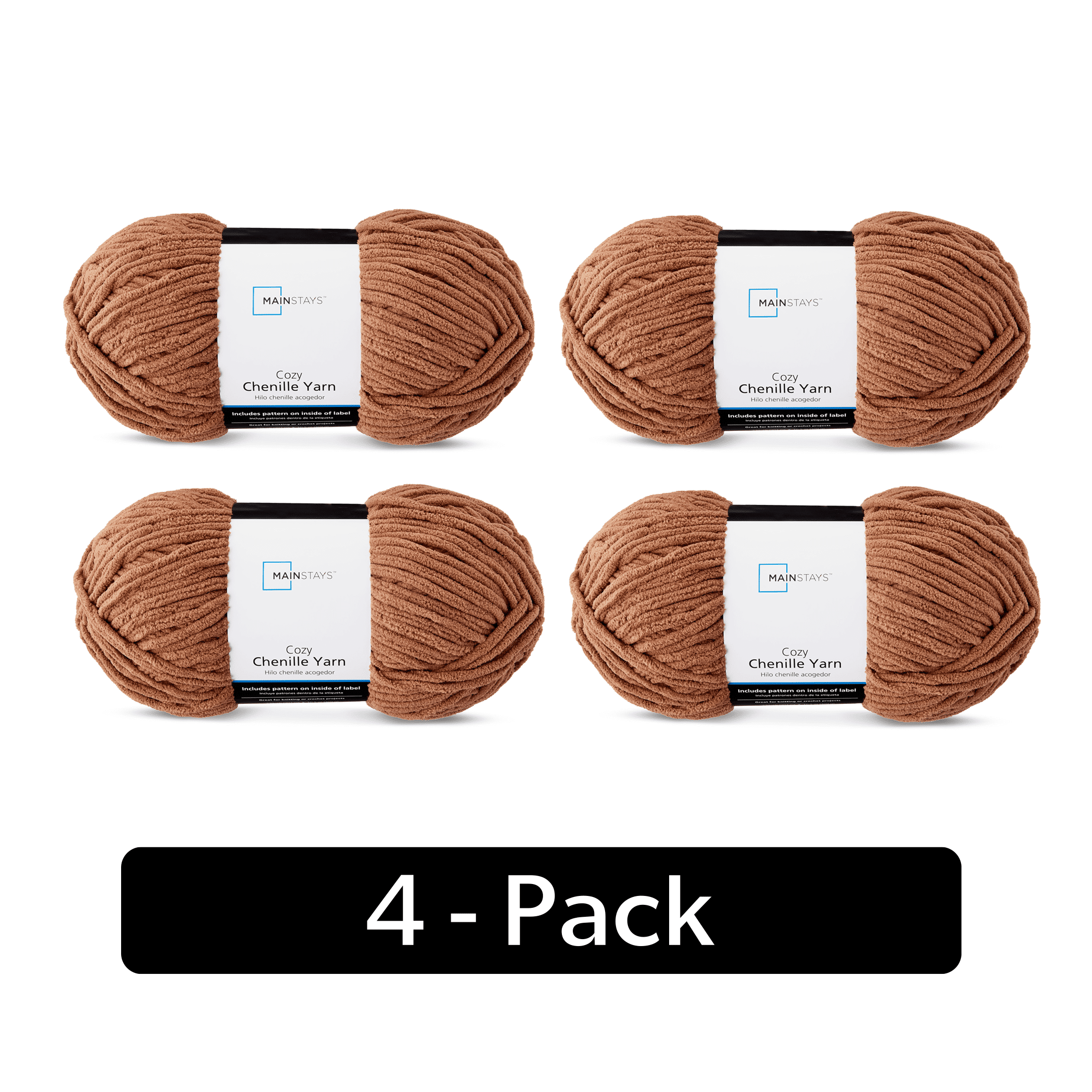 Mainstays Cozy Chenille Yarn, 220 yd, Toffee, 100% Polyester, Bulky, Pack of 4