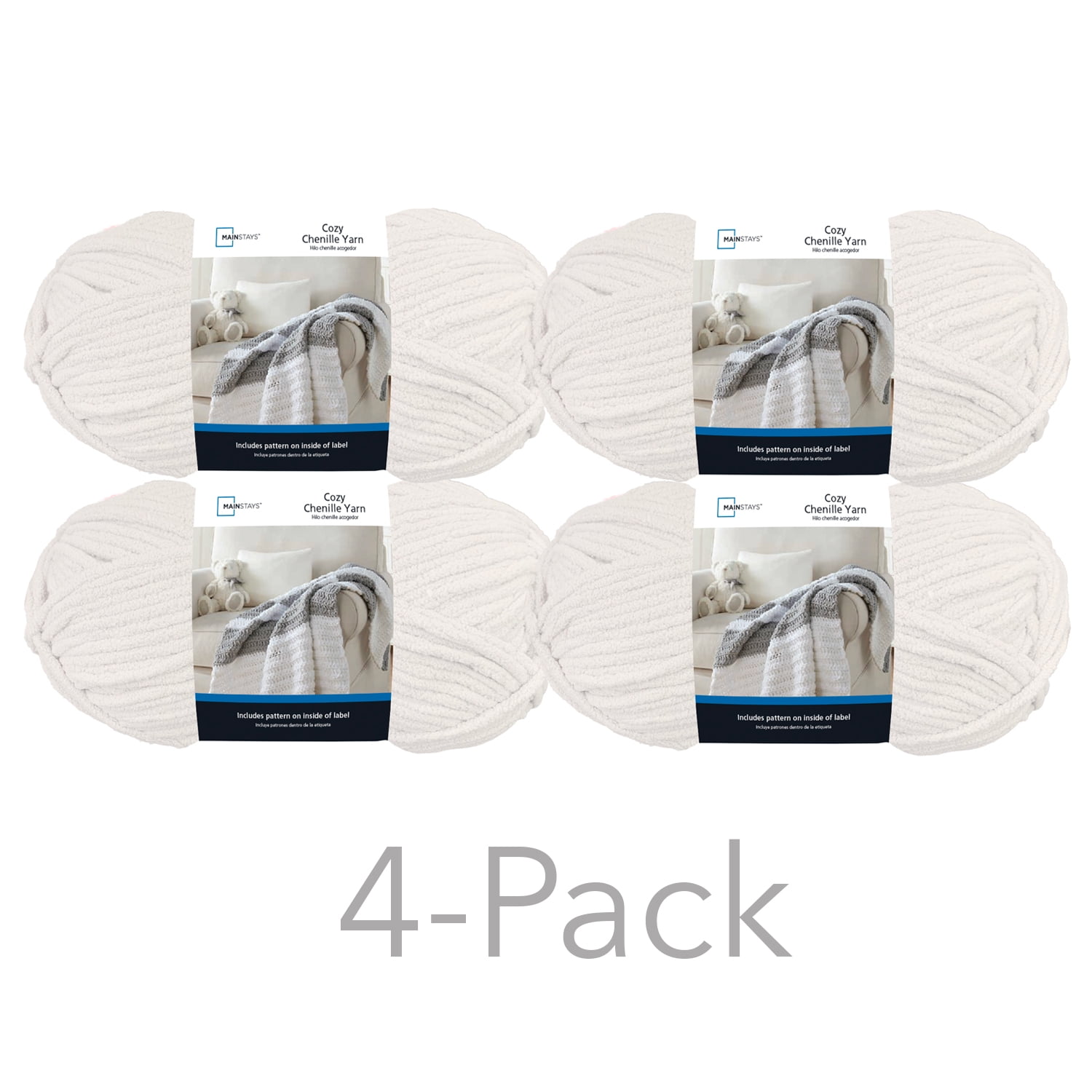 Mainstays Cozy Chenille, Bulky, 100% Polyester, Yarn, White, 220 yd, Pack of 4