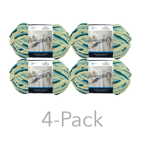 Mainstays Cozy Chenille Yarn, 220 yd, Multi Teal, 100% Polyester, Super Bulky, Pack of 4