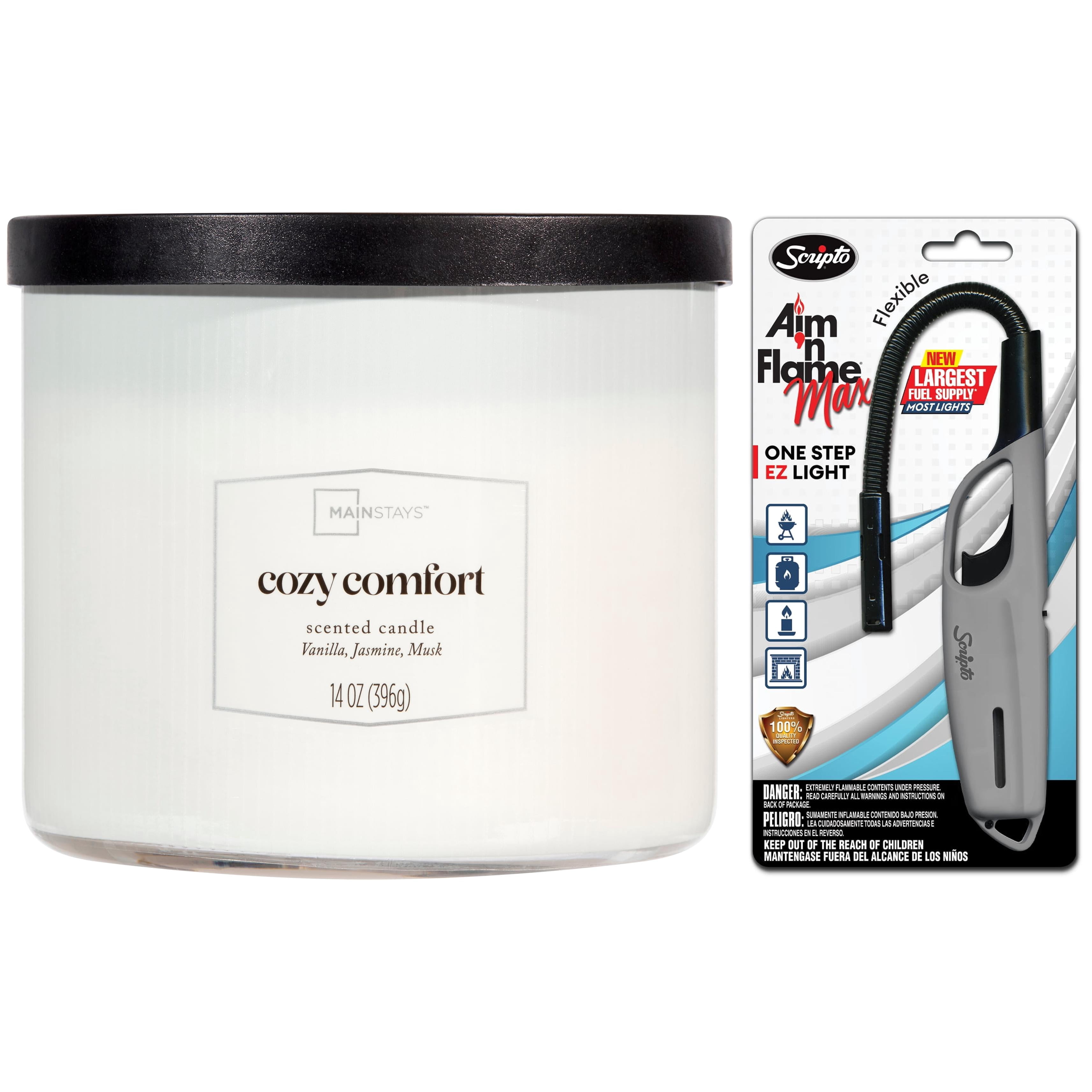 Mainstays Cozy Comfort 3-Wick Candle with Scripto Aim N Flame Max Flexible Lighter Bundle