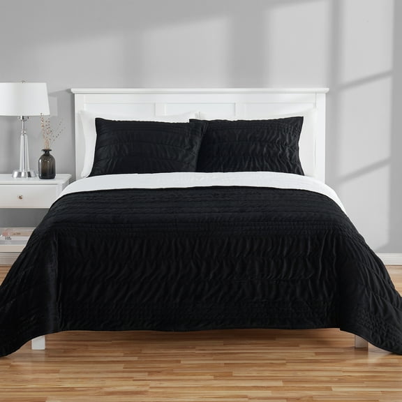 Mainstays Full/Queen Quilt - Luxe Black Velvet - Zig Zag Stripe, Reversible Bedding
