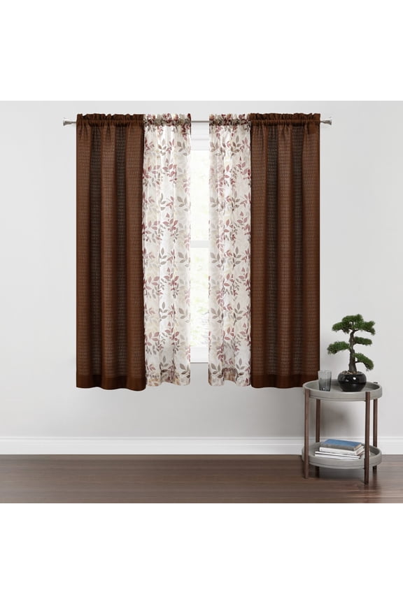 Curtain and Sheers Set, 4 Panels, Brown, 27.5" W x 63” L