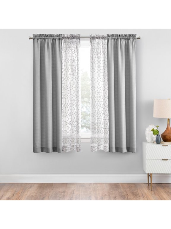 Curtain and Sheers Set, 4 Panels, Silver, 27.5" W x 63” L