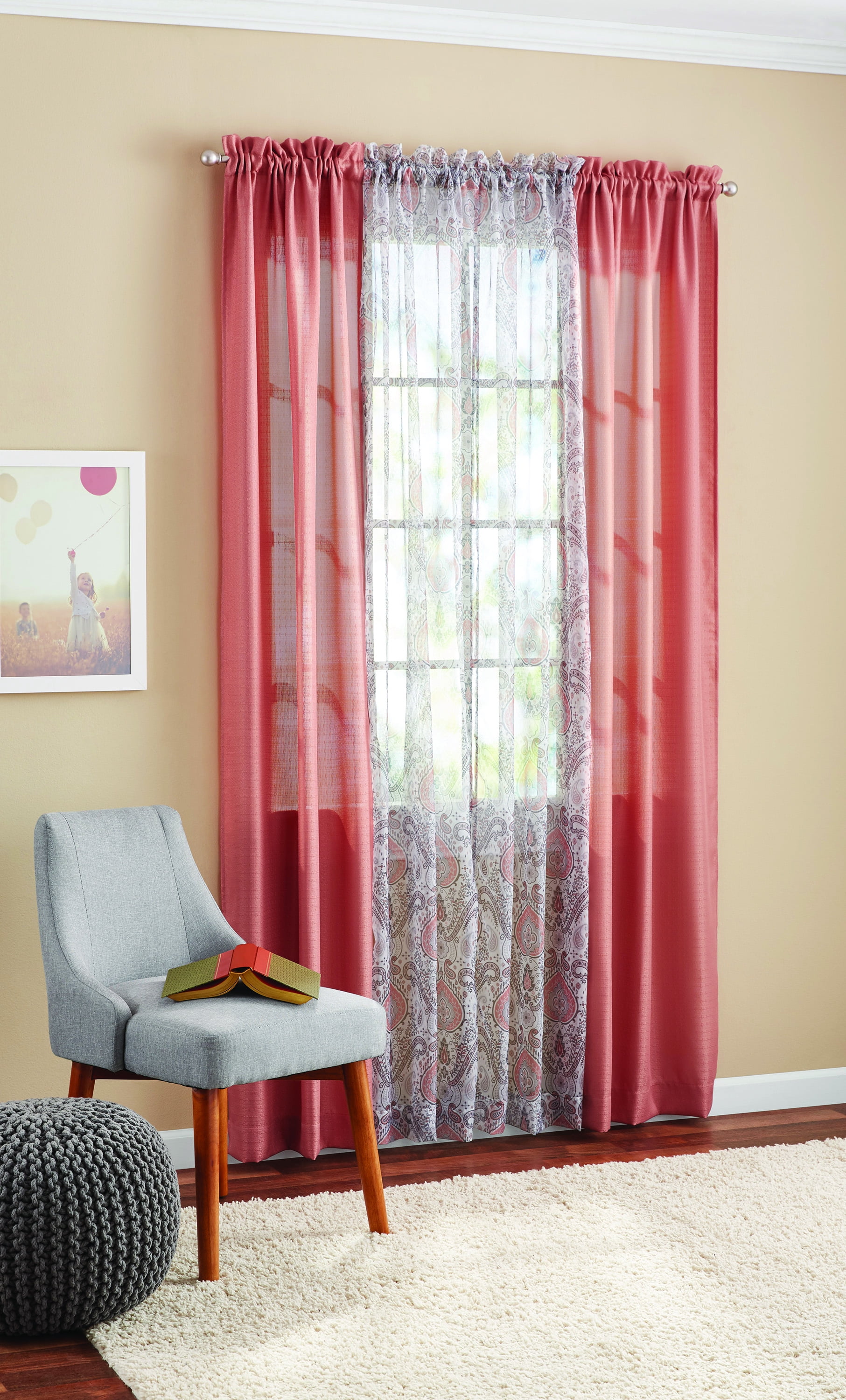 Mainstays Curtain and Sheers Set, 4 Panels, Terracotta, 27.5" W x 84” L
