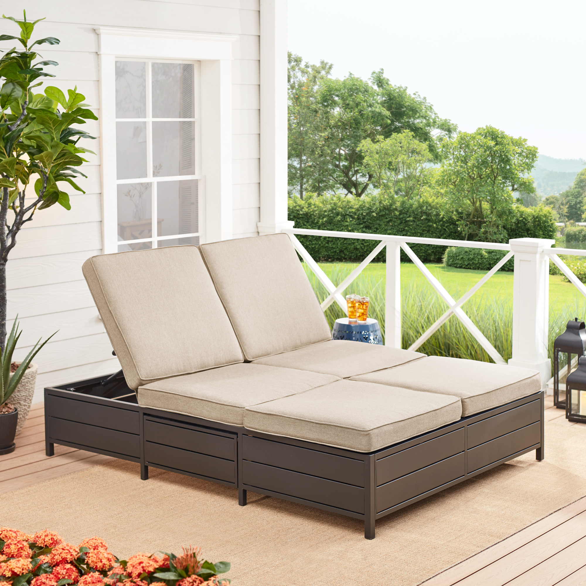 Mainstays Cushion Steel Outdoor Chaise Lounge - Tan/Black - image 1 of 5