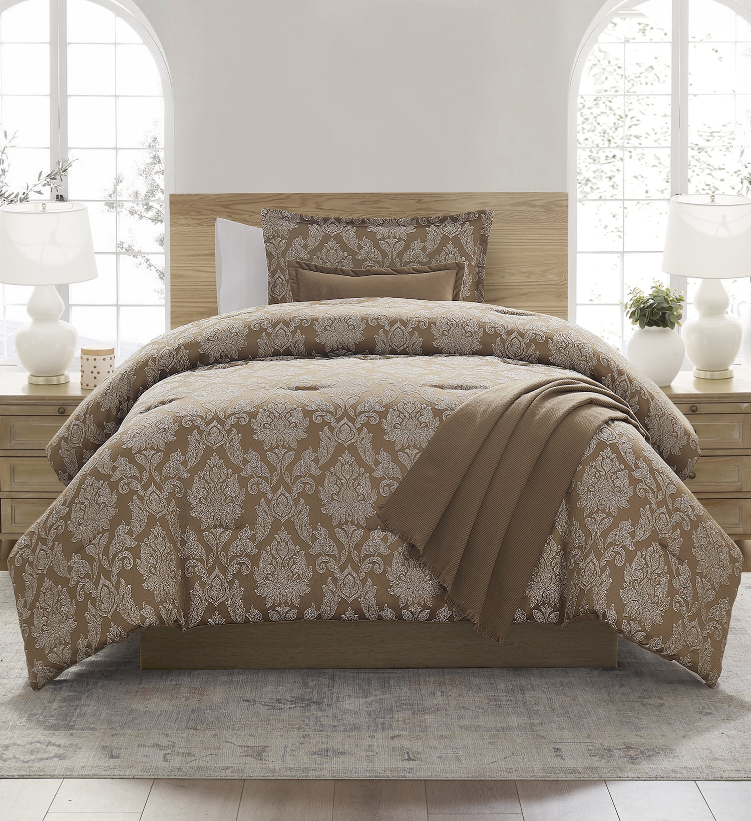 Mainstays Damask 4-Piece Brown Jacquard Comforter Set, Twin/Twin XL