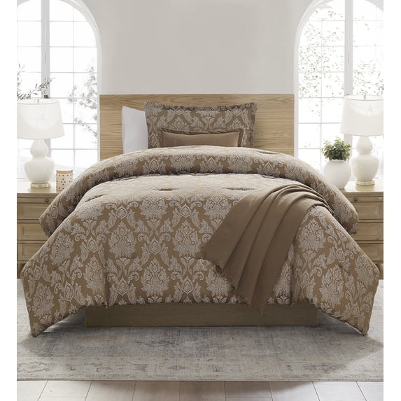 Mainstays Damask 4-Piece Brown Jacquard Comforter Set, Twin/Twin XL
