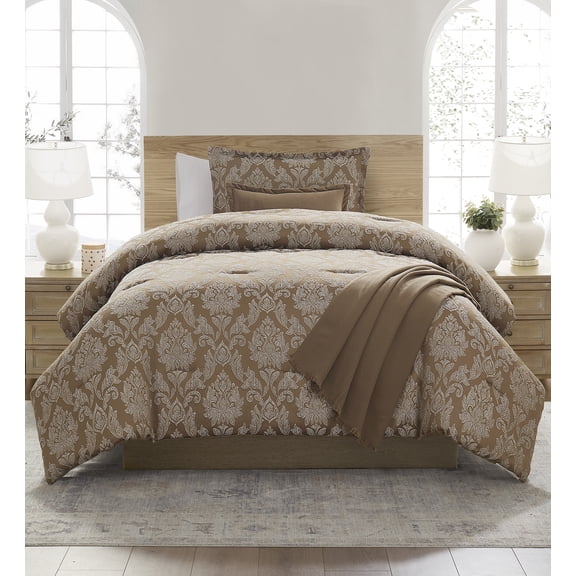 Mainstays Damask 4-Piece Brown Jacquard Comforter Set, Twin/Twin XL