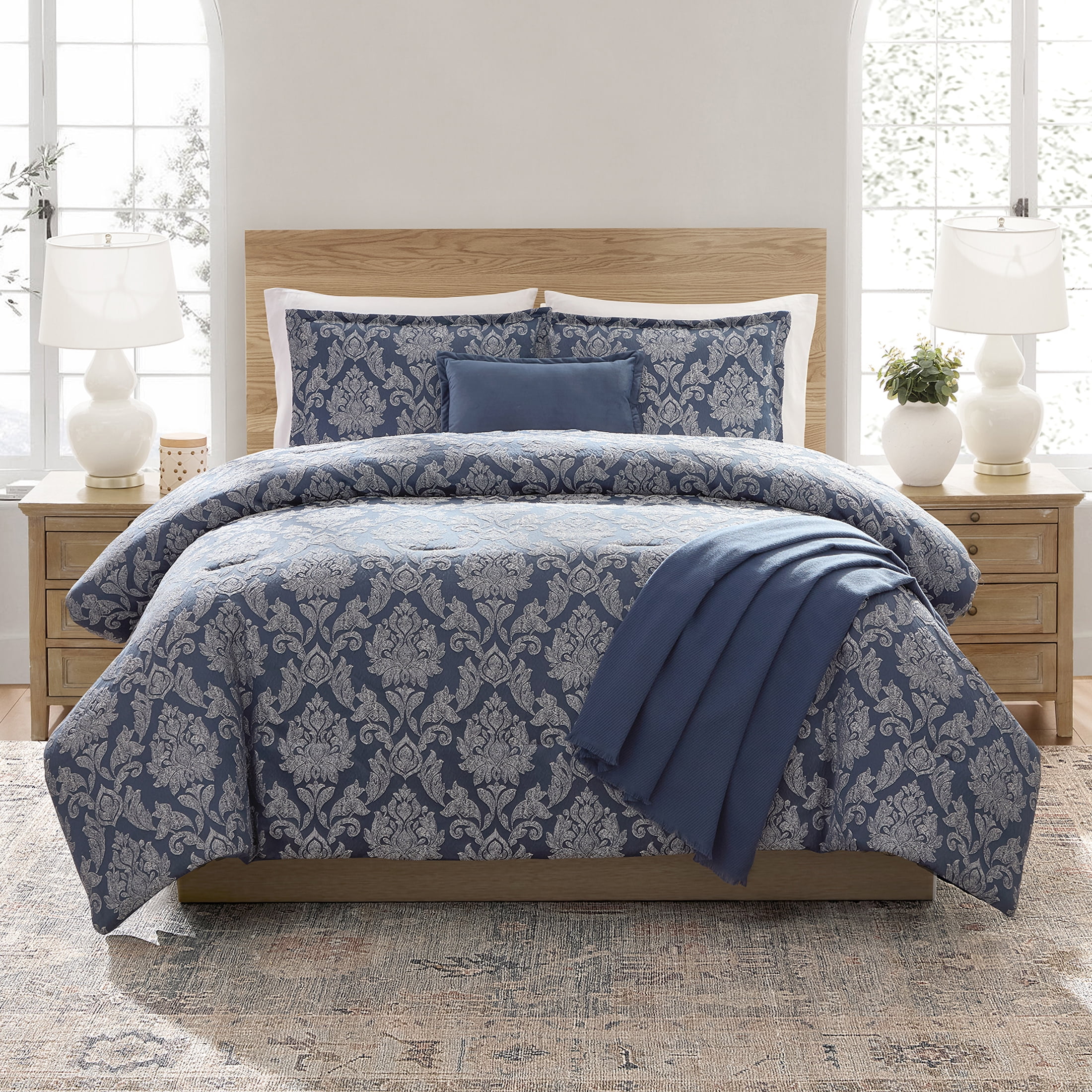 Mainstays Damask 5-Piece Jacquard Comforter Set, Blue, King