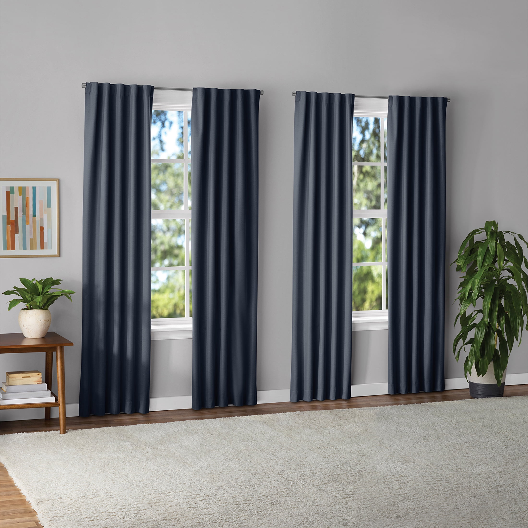 Mainstays Dark Navy Solid Blackout Rod Pocket with Back Tabs Curtain Panels 4PC Set, Set of 4, 30" W x 84" L