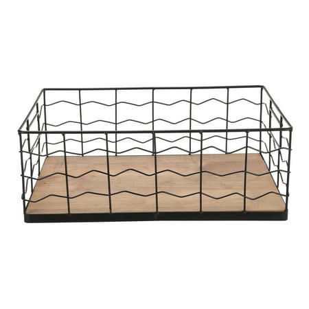 Mainstays Decorative Black Wire Basket with Wood Board Base, 15.75” L x 9.45” W x 5.91” H