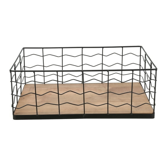 BHG Decorative Black Wire Basket with Wood Board Base, 15.75” L x 9.45” W x 5.91” H