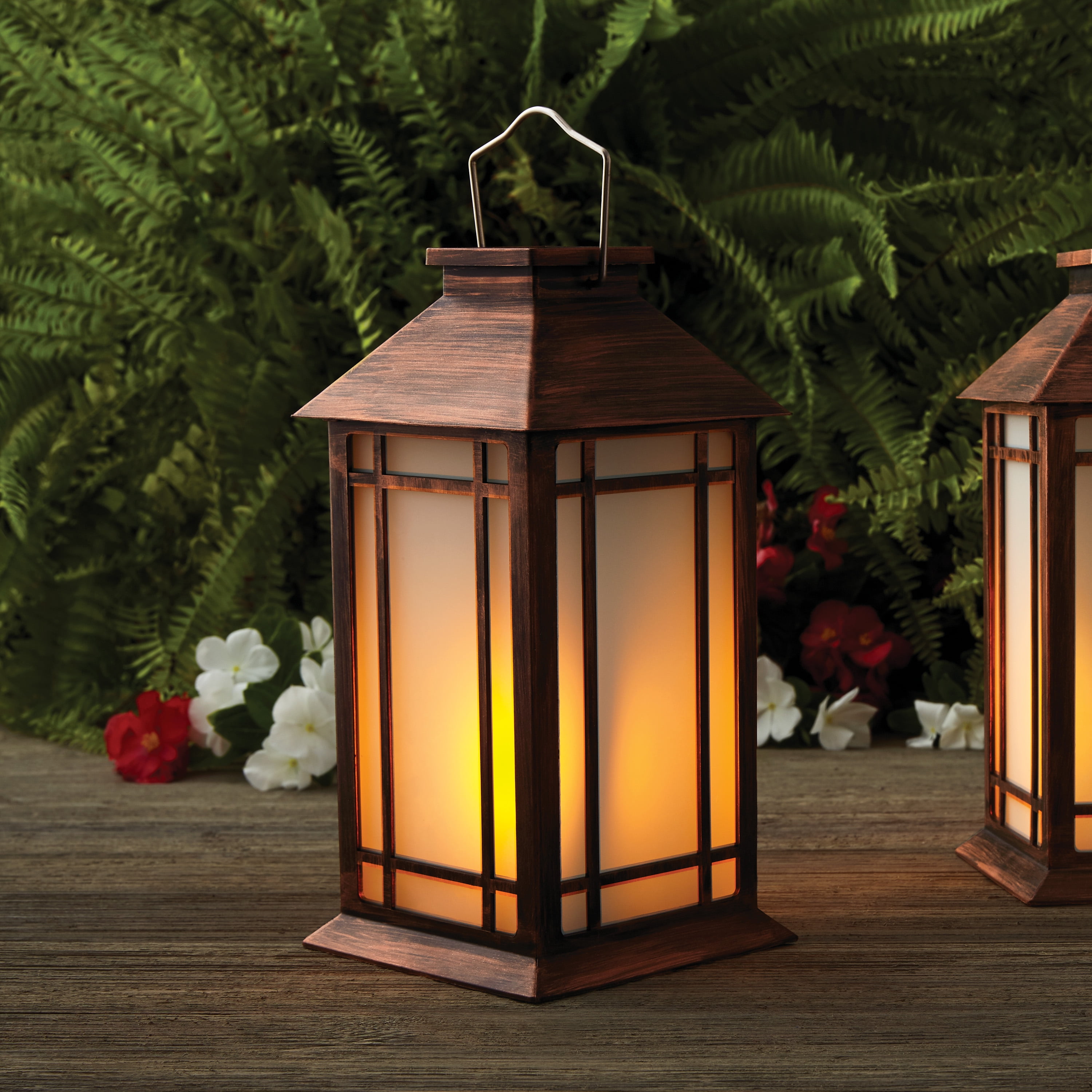Mainstays Decorative Bronze Solar Outdoor Lantern With Flickering Flame LED  Light