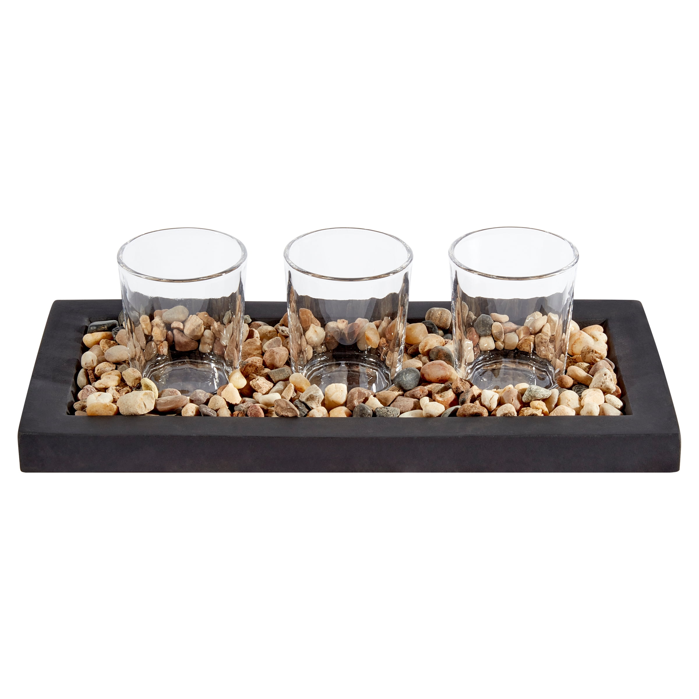 Black Ceramic Tealight Holder Set with Glass Cups and Stones