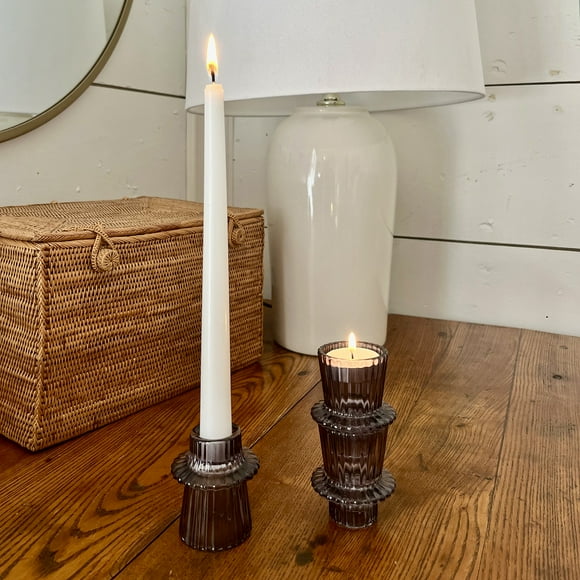 Mainstays Decorative Smoke Glass Ribbed Taper Tealight Candleholder, Set of 3, 3"