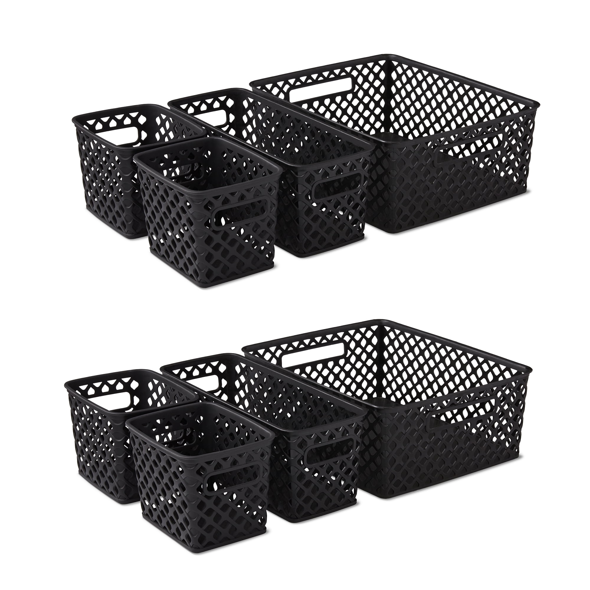 Black Rectangular Plastic Storage Basket Set, 4 Pieces