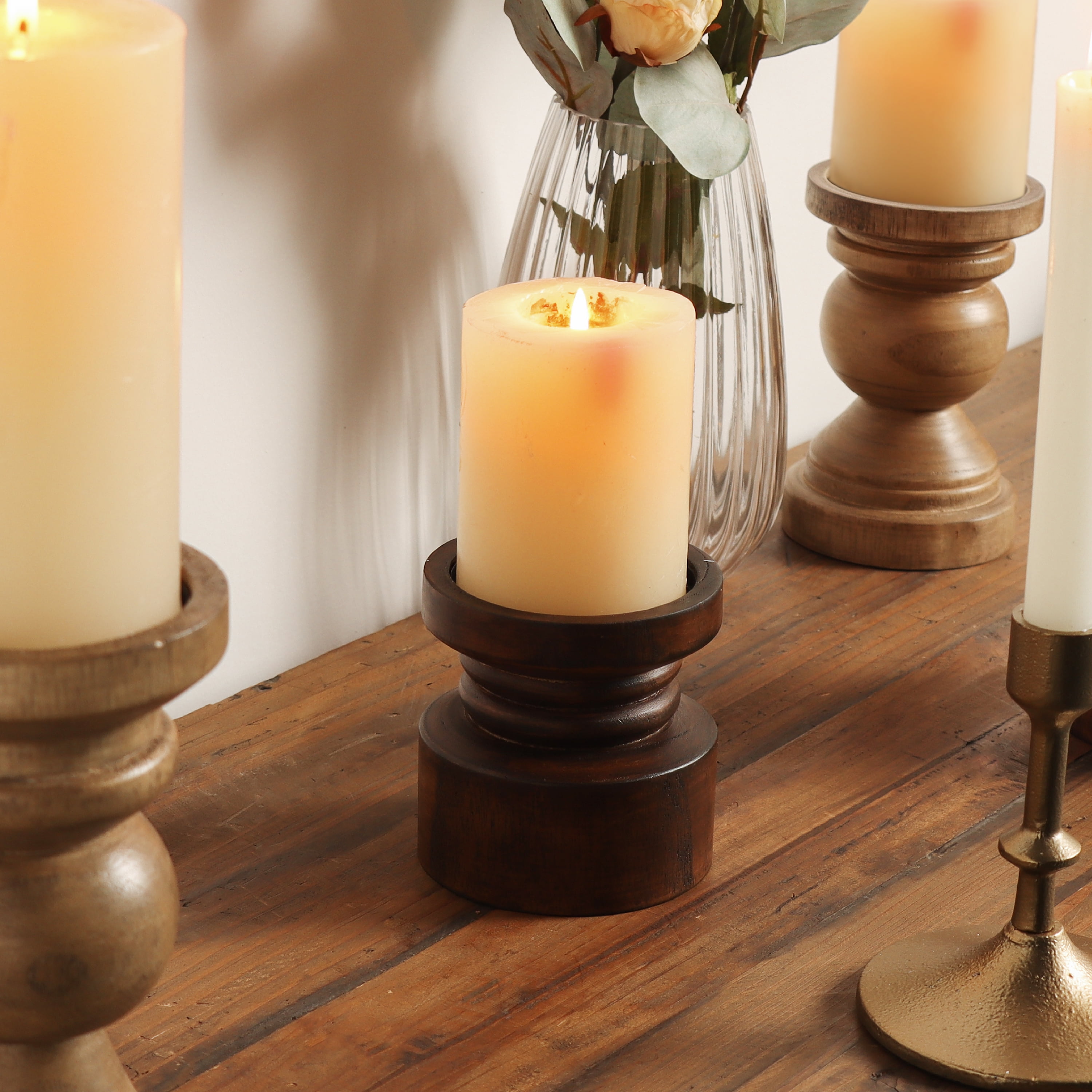 Mainstays Decorative Wood Pillar Candleholder, Dark Brown, 4"