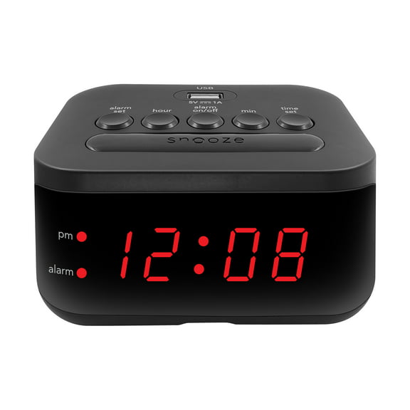 Mainstays Digital Alarm Clock with USB Charge Port, Snooze and Battery Backup, Red LED Display, SPC235