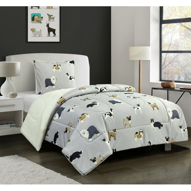 Mainstays Dog Cozy Flannel Reverse to Super Soft Sherpa Comforter Set, Twin