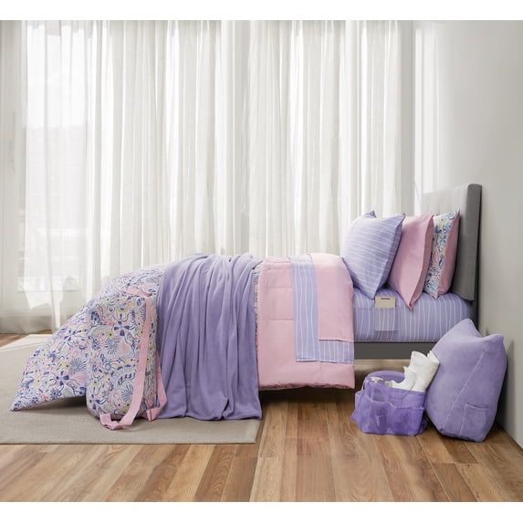 Mainstays Dorm Essentials 17-Piece Queen Bed-in-a-Bag Comforter Set, Reversible Purple Floral