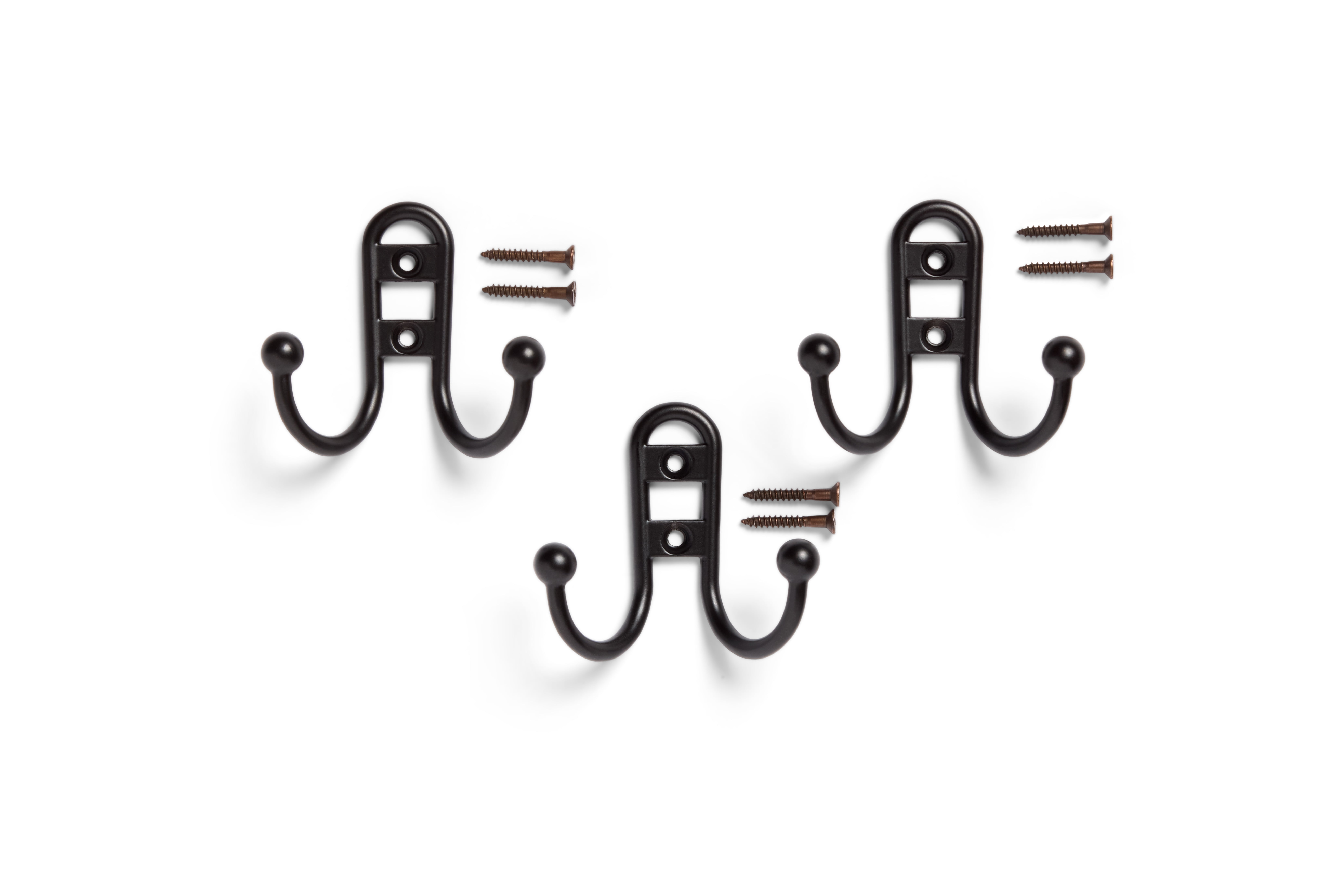 Mainstays, Double Hook Bronze Metal Hooks, Clutter-Free Hooks for Hanging Towels and Coats, 10 lbs Capacity, 3 Pack
