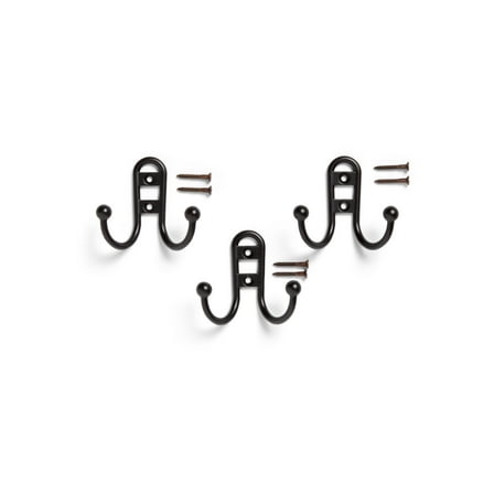 Mainstays, Double Hook Bronze Metal Hooks, Clutter-Free Hooks for Hanging Towels and Coats, 10 lbs Capacity, 3 Pack
