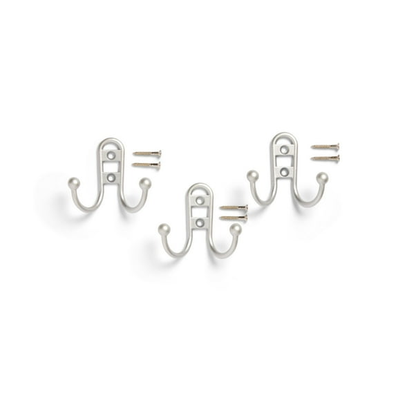 Mainstays, Double Hook Satin Nickel Metal Hooks, Clutter-Free Hooks for Hanging Towels and Coats, 10 lbs Capacity, 3 Pack