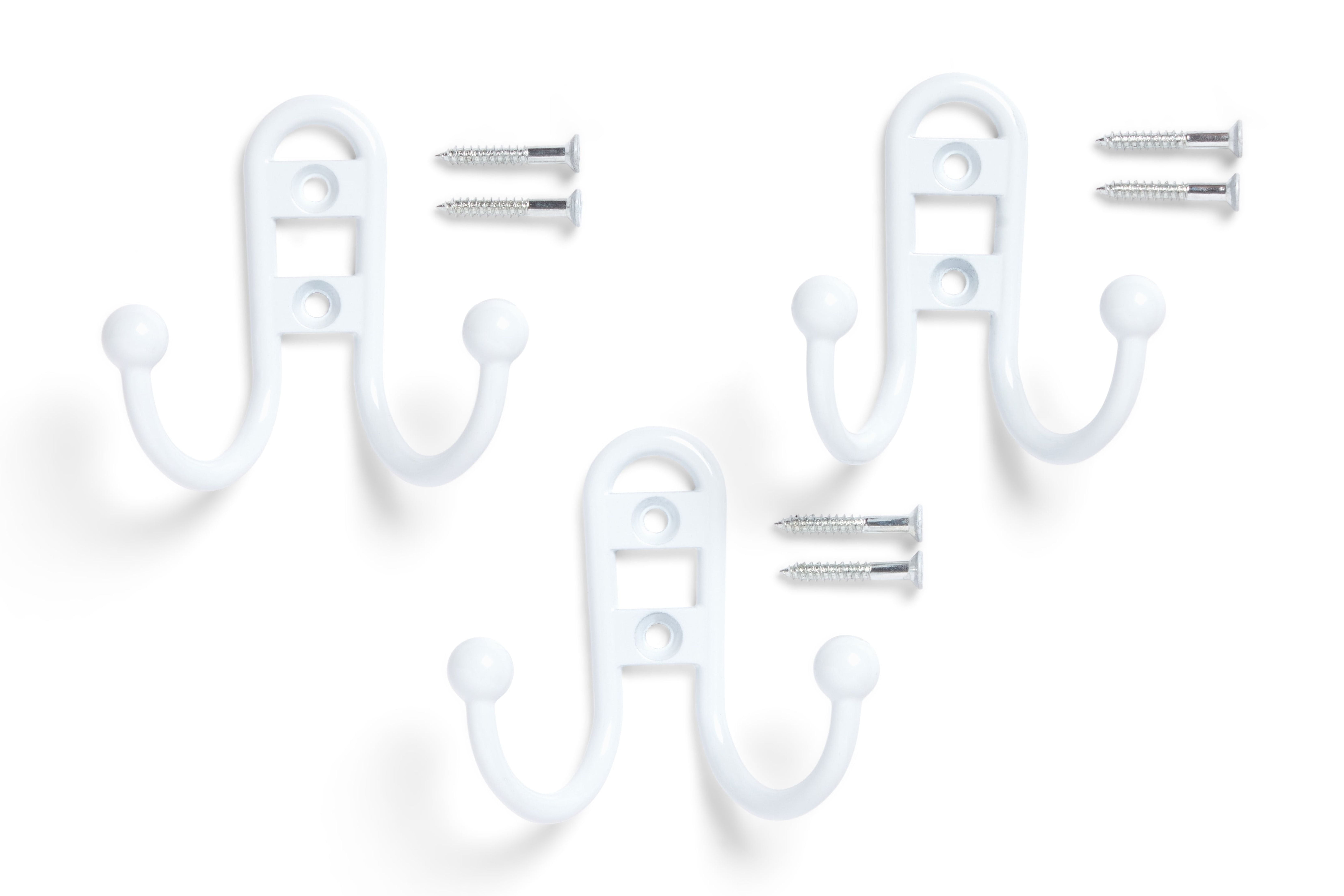 Mainstays, Double Hook White Metal Hooks, Clutter-Free Hooks for Hanging Towels and Coats, 10 lbs Capacity, 3 Pack