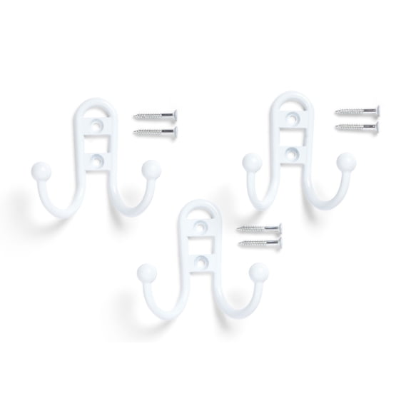 Mainstays, Double Hook White Metal Hooks, Clutter-Free Hooks for Hanging Towels and Coats, 10 lbs Capacity, 3 Pack