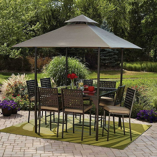 Mainstays Droma Outdoor Patio Dining Set, Cushioned Metal Bar Height with Canopy, Seats 8