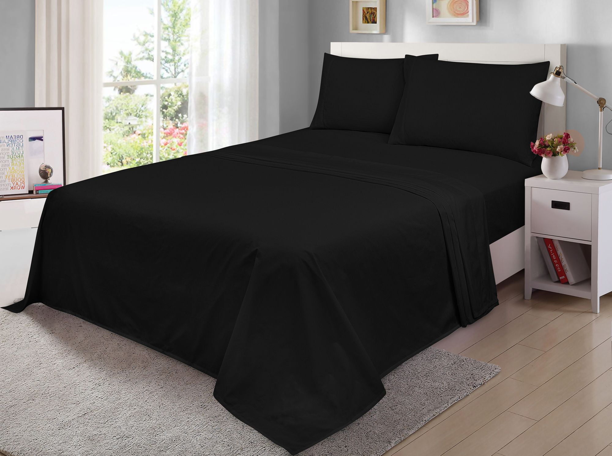 Mainstays Easy Care 300 Thread Count Bed Sheet Set Queen Rich Black