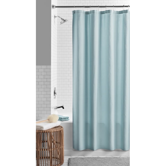 Mainstays Eco-Friendly Waffle-Weave Fabric Shower Curtain, with Recycled Polyester, 72” x 72”, Blue