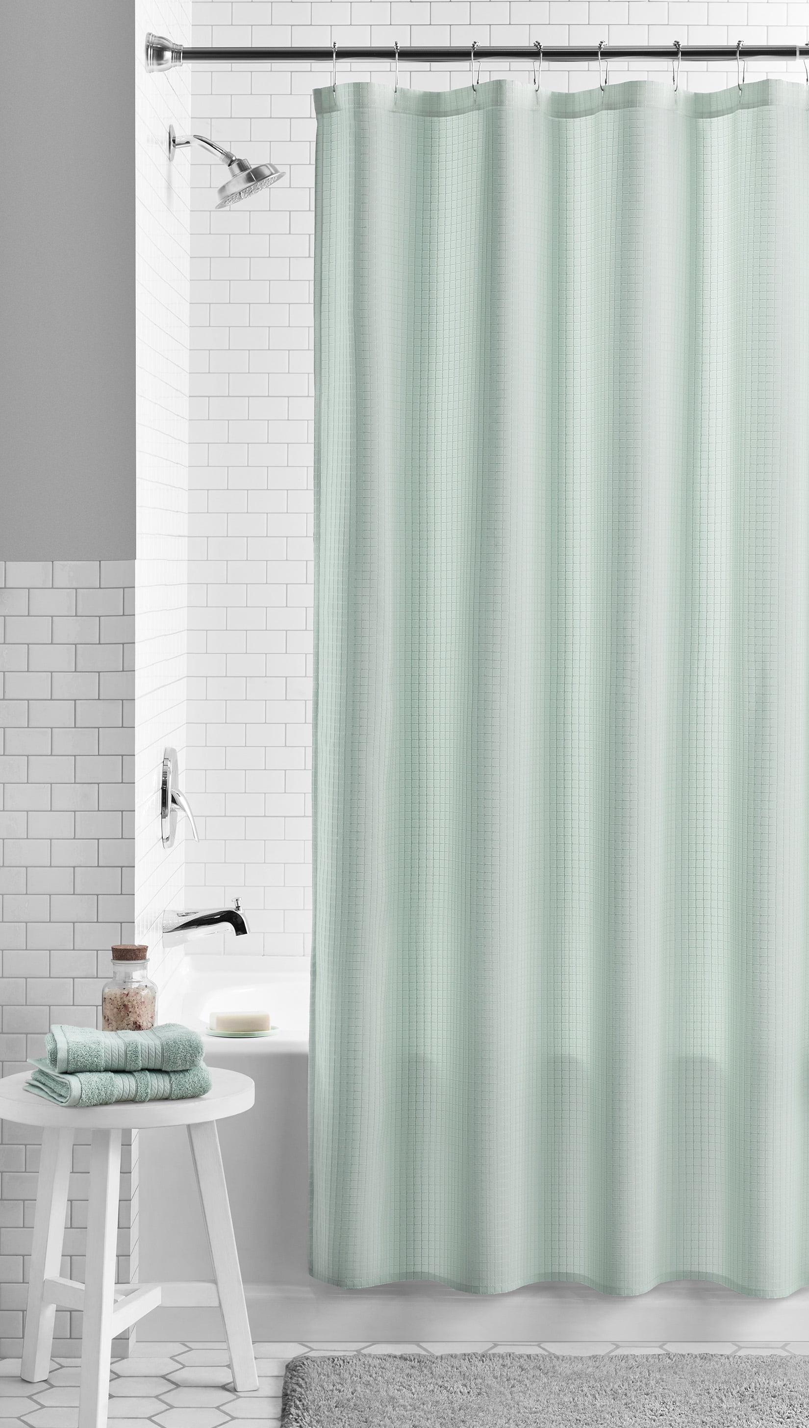Mainstays Waffle-Weave Fabric Shower Curtain with Recycled Polyester, 72 in x 72 in, Green