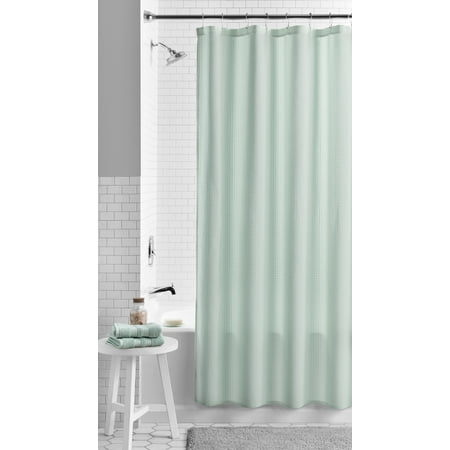 Mainstays Waffle-Weave Fabric Shower Curtain with Recycled Polyester, 72 in x 72 in, Green