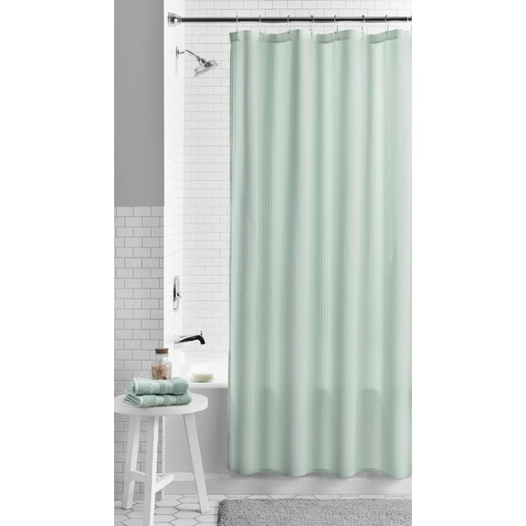 Mainstays Eco-Friendly Waffle-Weave Fabric Shower Curtain, with Recycled Polyester, 72” x 72”, Green