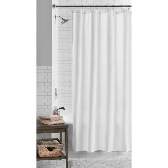Mainstays Eco-Friendly Waffle-Weave Fabric Shower Curtain, with Recycled Polyester, 72” x 72”, White