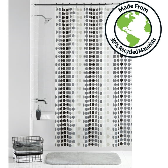 Mainstays Eco-friendly Odette Waterproof Recycled PEVA Shower Curtain Set and 12 Hooks, Black, White