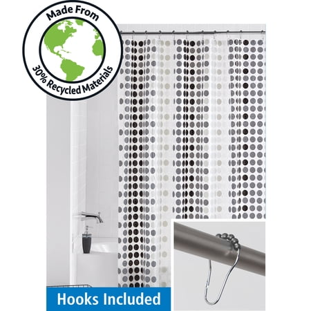 Mainstays Odette PEVA Shower Curtain Set with 12 Hooks, 30% Post-Consumer Recycled, Waterproof, Black and White Polka Dot