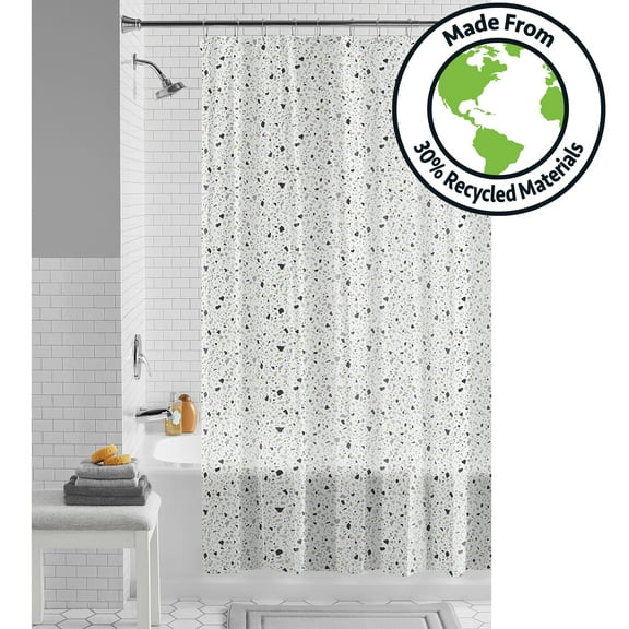 Mainstays Eco-friendly Terrazzo Waterproof Recycled PEVA Shower Curtain Set and Hooks, Black, White