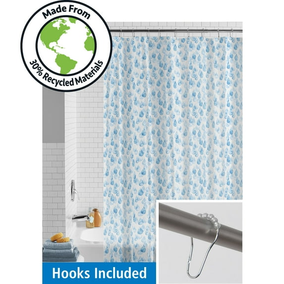Mainstays Eco-friendly Water Drops Waterproof Recycled PEVA Shower Curtain Set with 12 Hooks, Blue