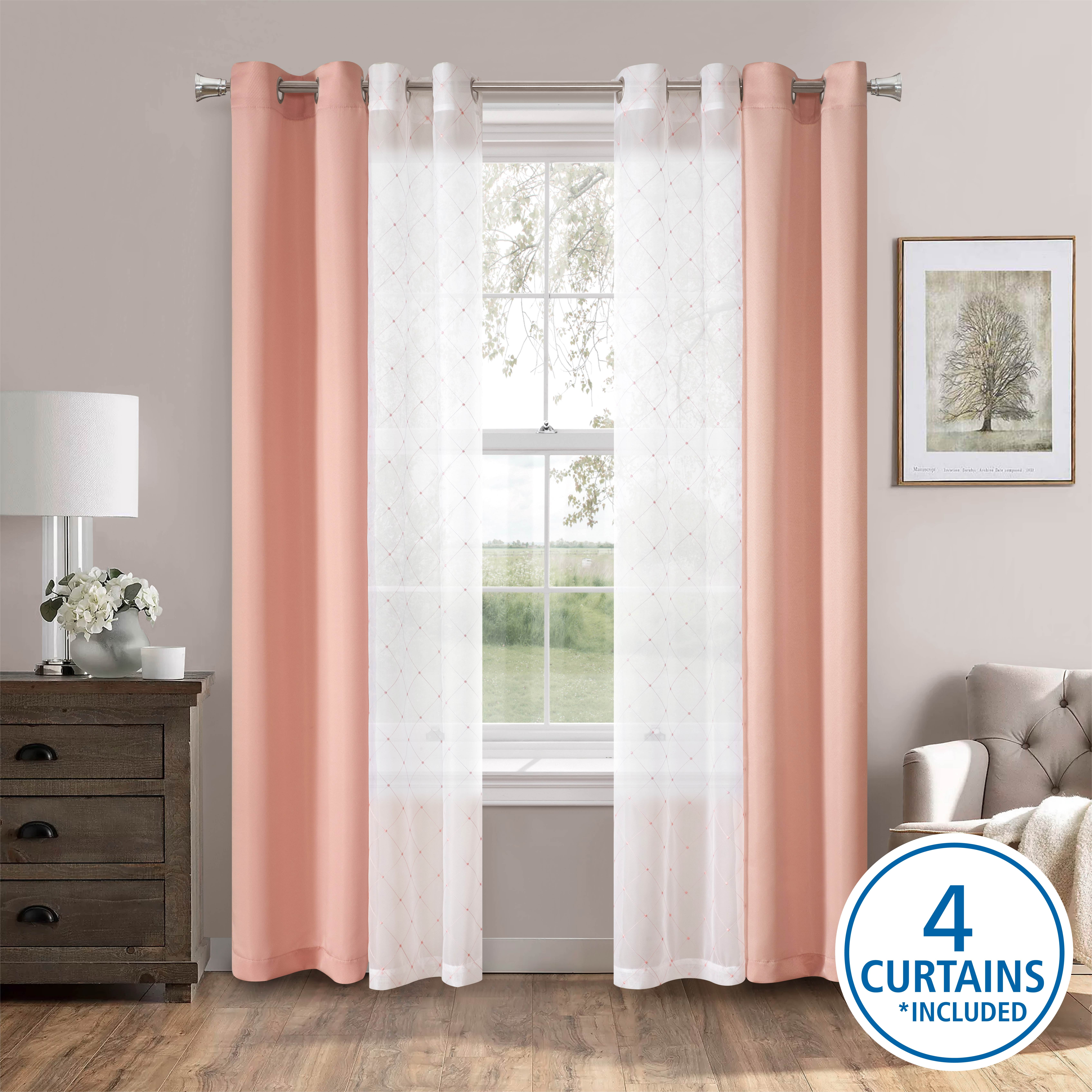 Mainstays Embroidered Curtain Panels, Set of 4, Blush, 27.5" W x 63" L