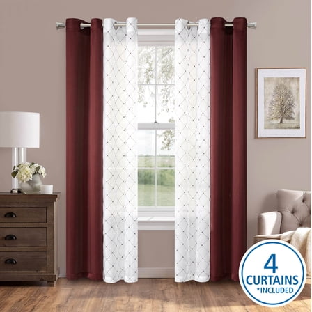 Mainstays Embroidered Curtain Panels, Set of 4, Burgundy, 27.5" W x 84" L