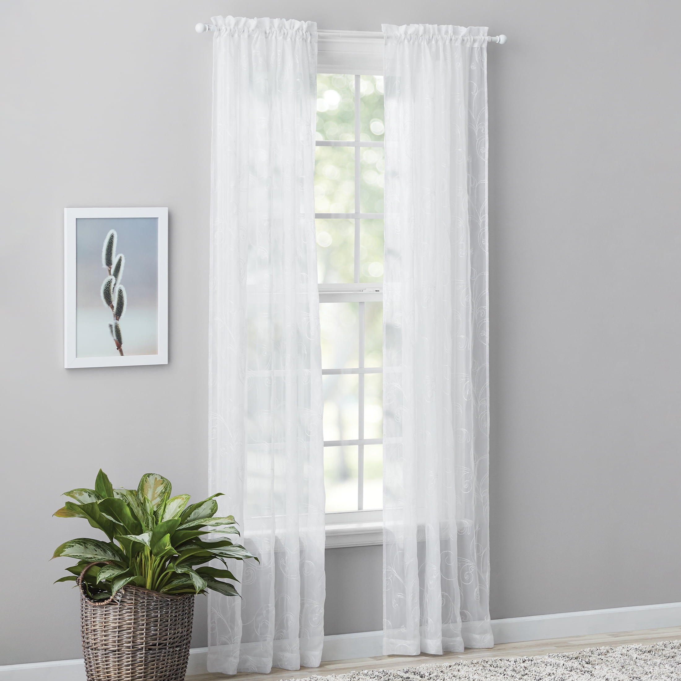 Mainstays Embroidered Scroll Sheer Single Curtain Panel, White, 38" W x 84" L
