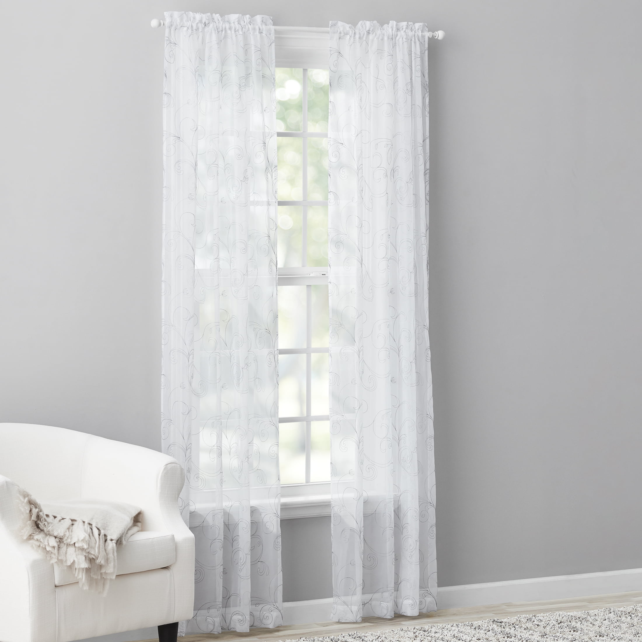 Mainstays Embroidered Scroll Rod Pocket Sheer Single Curtain Panel, White/Grey, 38" W x 84" L