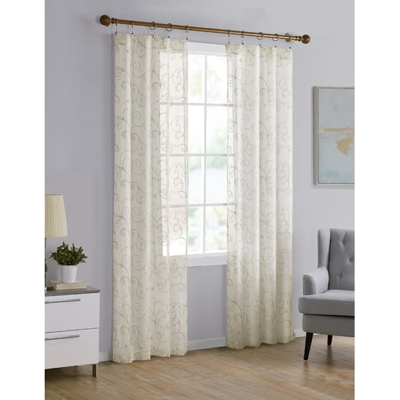 Mainstays Embroidered Scroll Sheer Single Curtain Panel, Ivory/Gold, 38" W x 84" L