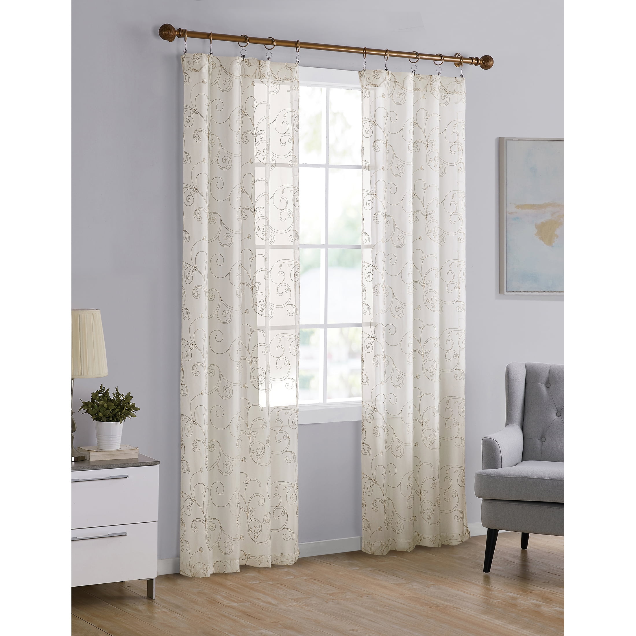 Mainstays Embroidered Scroll Sheer Single Curtain Panel, Ivory/Gold, 38" W x 95" L